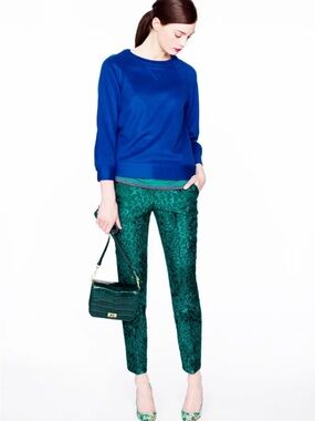 Rare! J.Crew Collection Jacquard Leopard Jade Green Ankle Trousers sz 2